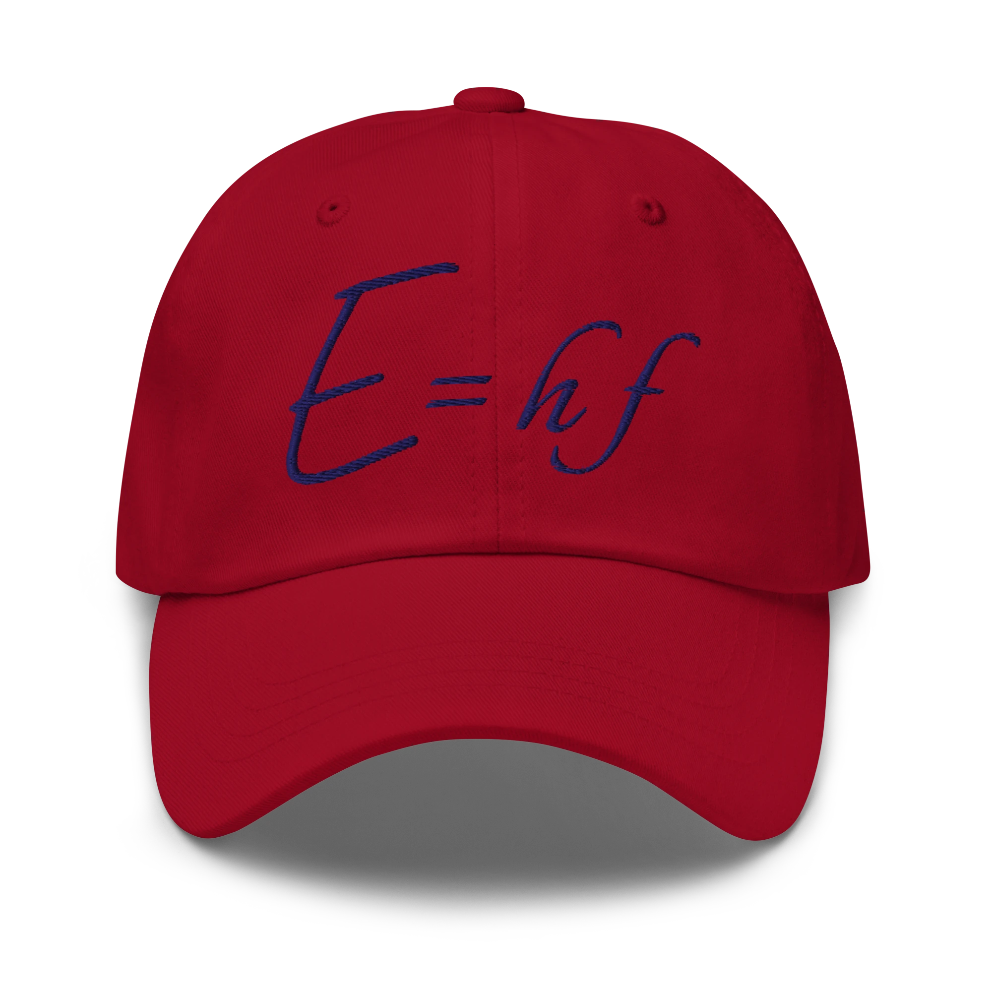 Planck Relation embroidered on a cranberry classic dad hat, front view